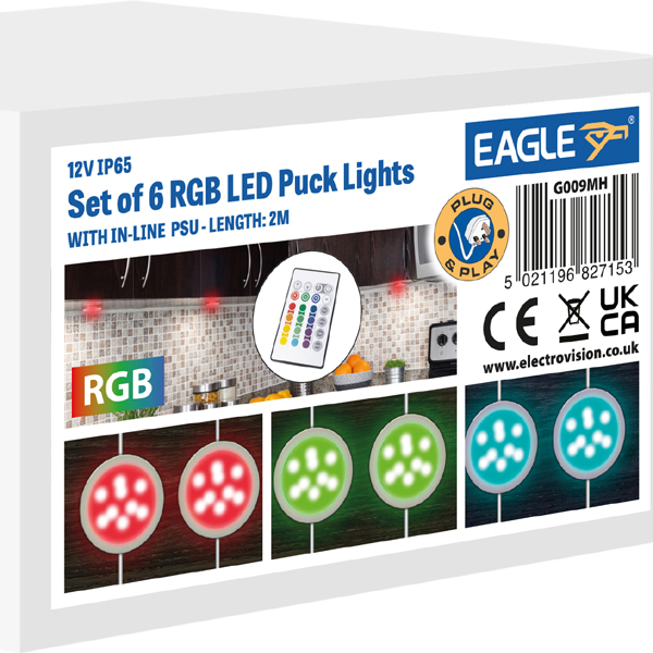 Image of EAGLE SET of 6 RGB LED PUCK LIGHTS - 2 METRE